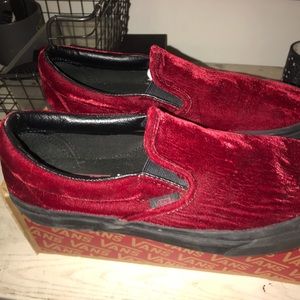 dark red velvet slip on vans